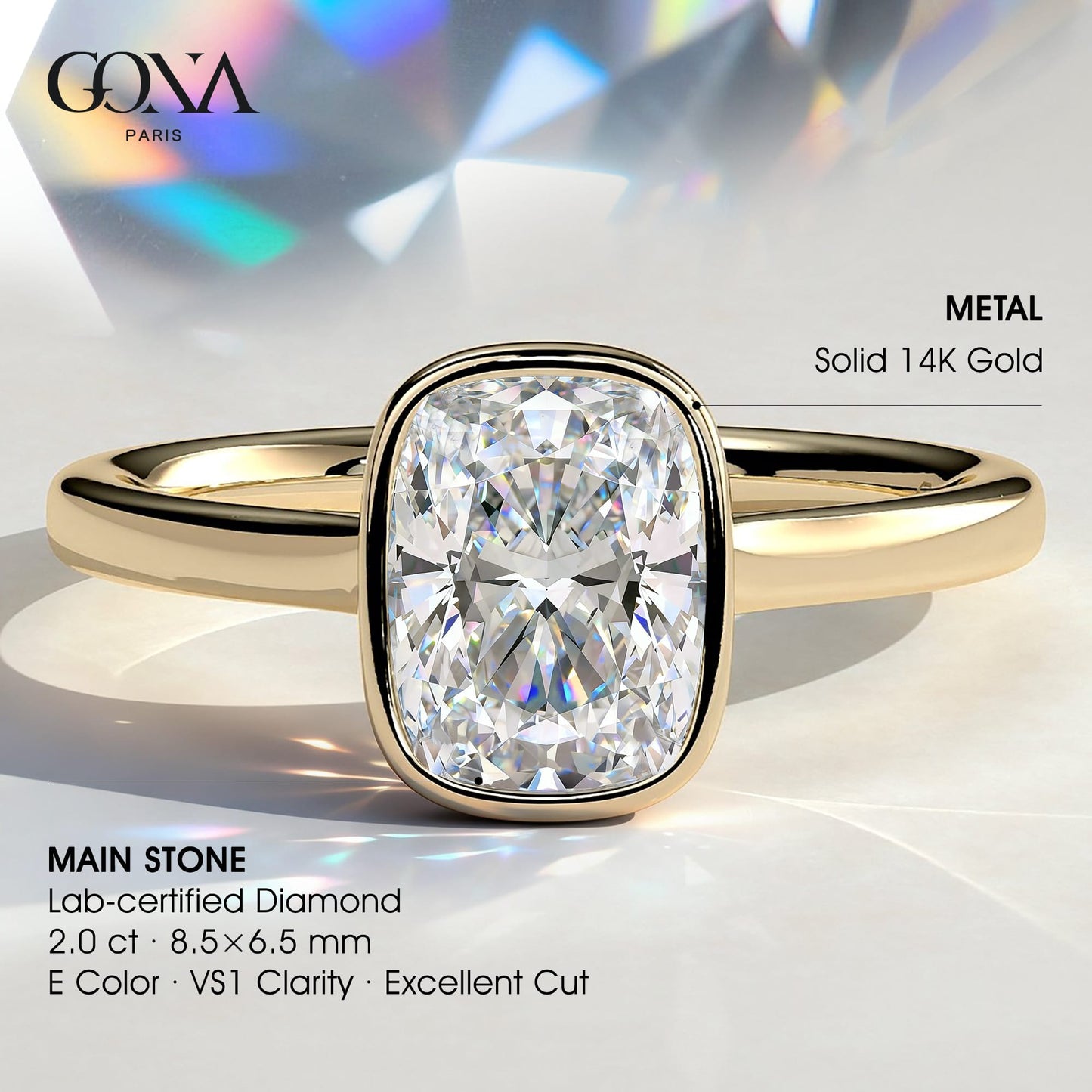 2ct Elongated Cushion Lab-Grown Diamond Ring with Bezel Setting Cathedral Setting in Solid 14K Yellow Gold (Includes IGI Certification from International Gemological Institute)