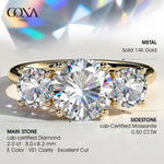 2ct Round Lab-Grown Diamond Three-Stone Ring with Round Accent Stones (Moissanite) Trellis Gallery Claw Setting Solid 14K Yellow Gold (Includes IGI Certification from International Gemological Institute)