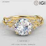 Secret Garden · 2.0 CT Round Lab-Grown Diamond Ring with Vine Leaf Accent Band & Claw Setting in Solid 14K Yellow Gold · (Includes IGI Certification from International Gemological Institute)