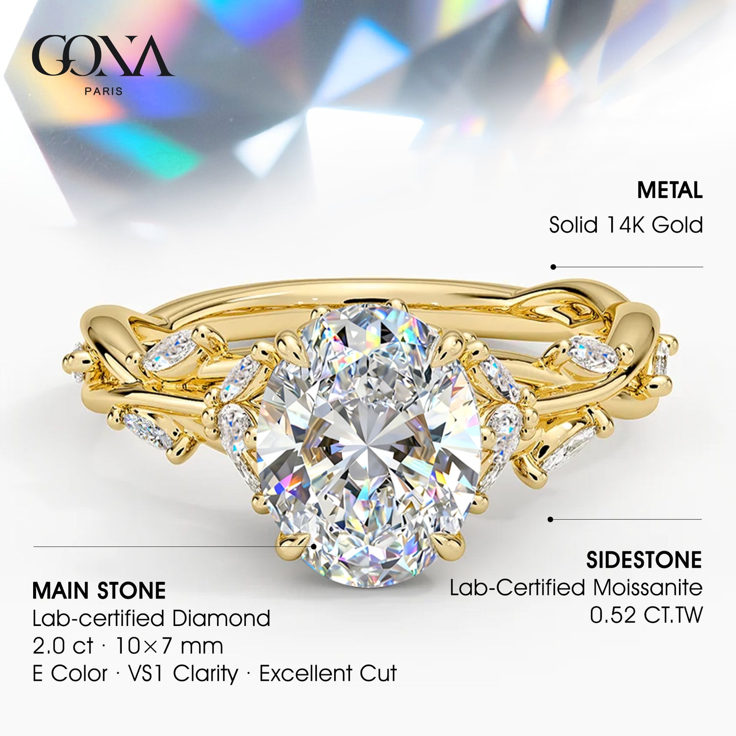 Secret Garden · 2.0 CT Oval Lab-Grown Diamond Ring with Vine Leaf Accent Band & Claw Setting in Solid 14K Yellow Gold · (Includes IGI Certification from International Gemological Institute)