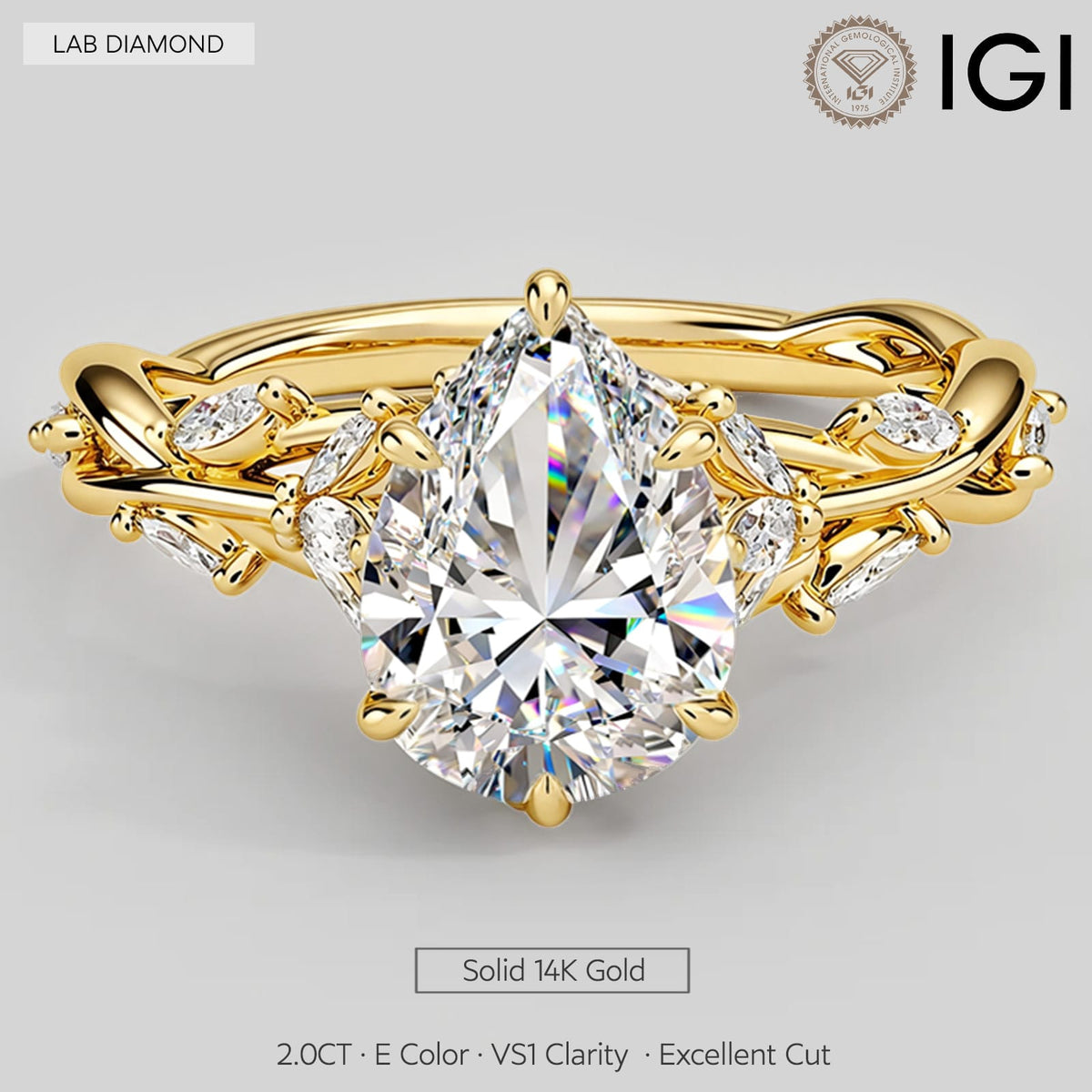 Secret Garden · 2.0 CT Pear Lab-Grown Diamond Ring with Vine Leaf Accent Band & Claw Setting in Solid 14K Yellow Gold · (Includes IGI Certification from International Gemological Institute)