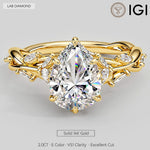 Secret Garden · 2.0 CT Pear Lab-Grown Diamond Ring with Vine Leaf Accent Band & Claw Setting in Solid 14K Yellow Gold · (Includes IGI Certification from International Gemological Institute)