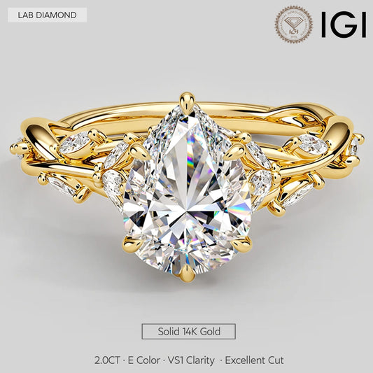 gona- Secret Garden · 2.0 CT Pear Lab-Grown Diamond Ring with Vine Leaf Accent Band & Claw Setting in Solid 14K Yellow Gold · (Includes IGI Certification from International Gemological Institute)