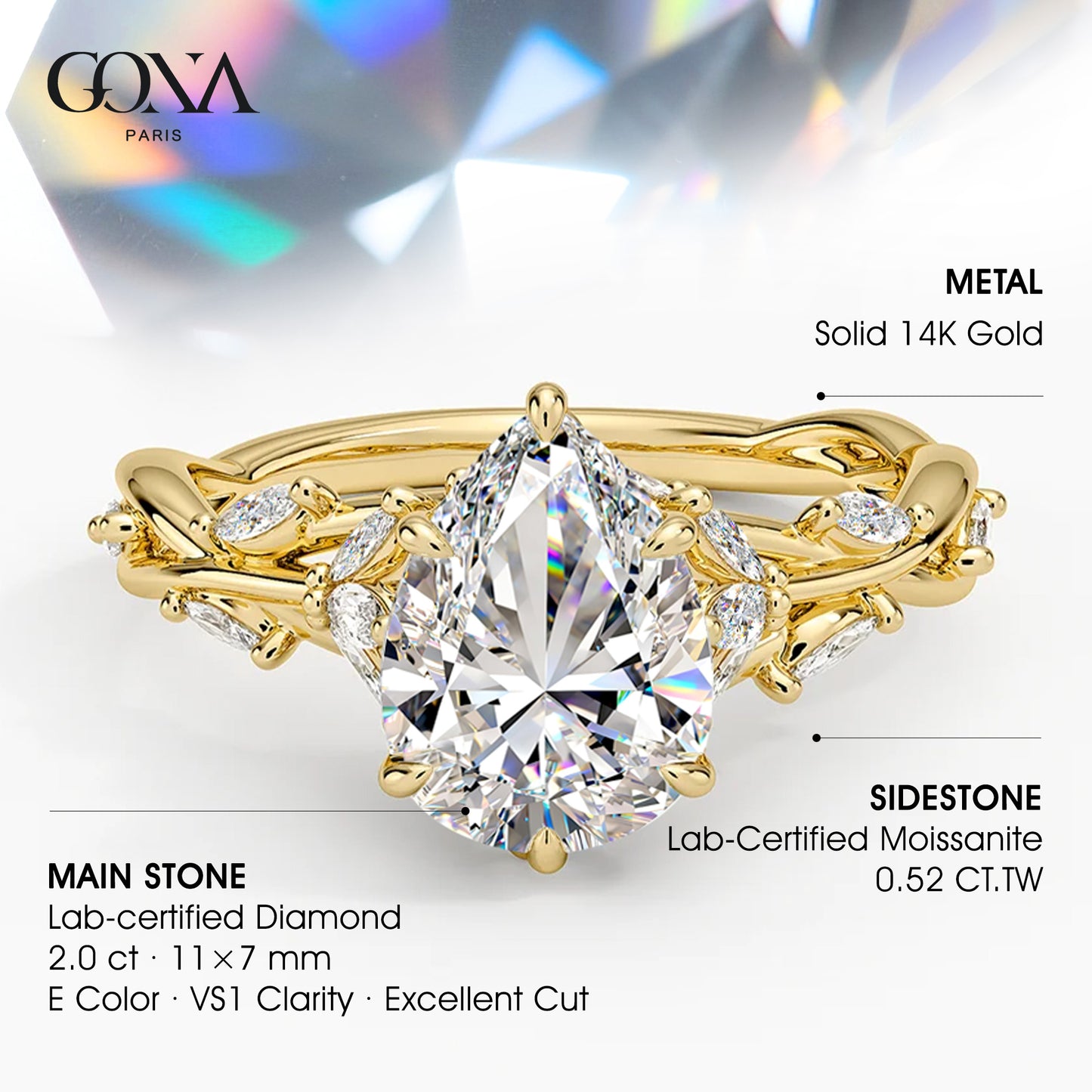 Secret Garden · 2.0 CT Pear Lab-Grown Diamond Ring with Vine Leaf Accent Band & Claw Setting in Solid 14K Yellow Gold · (Includes IGI Certification from International Gemological Institute)