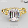 Secret Garden · 2.0 CT Emerald-Cut Lab-Grown Diamond Ring with Vine Leaf Accent Band & Claw Setting in Solid 14K Yellow Gold · (Includes IGI Certification from International Gemological Institute)