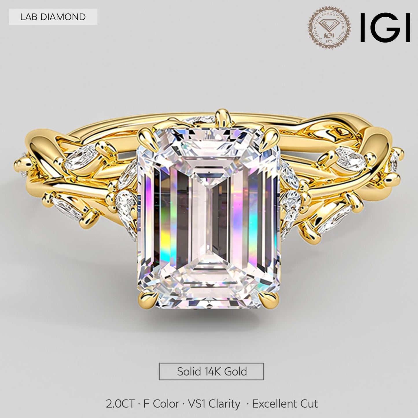 Secret Garden · 2.0 CT Emerald-Cut Lab-Grown Diamond Ring with Vine Leaf Accent Band & Claw Setting in Solid 14K Yellow Gold · (Includes IGI Certification from International Gemological Institute)