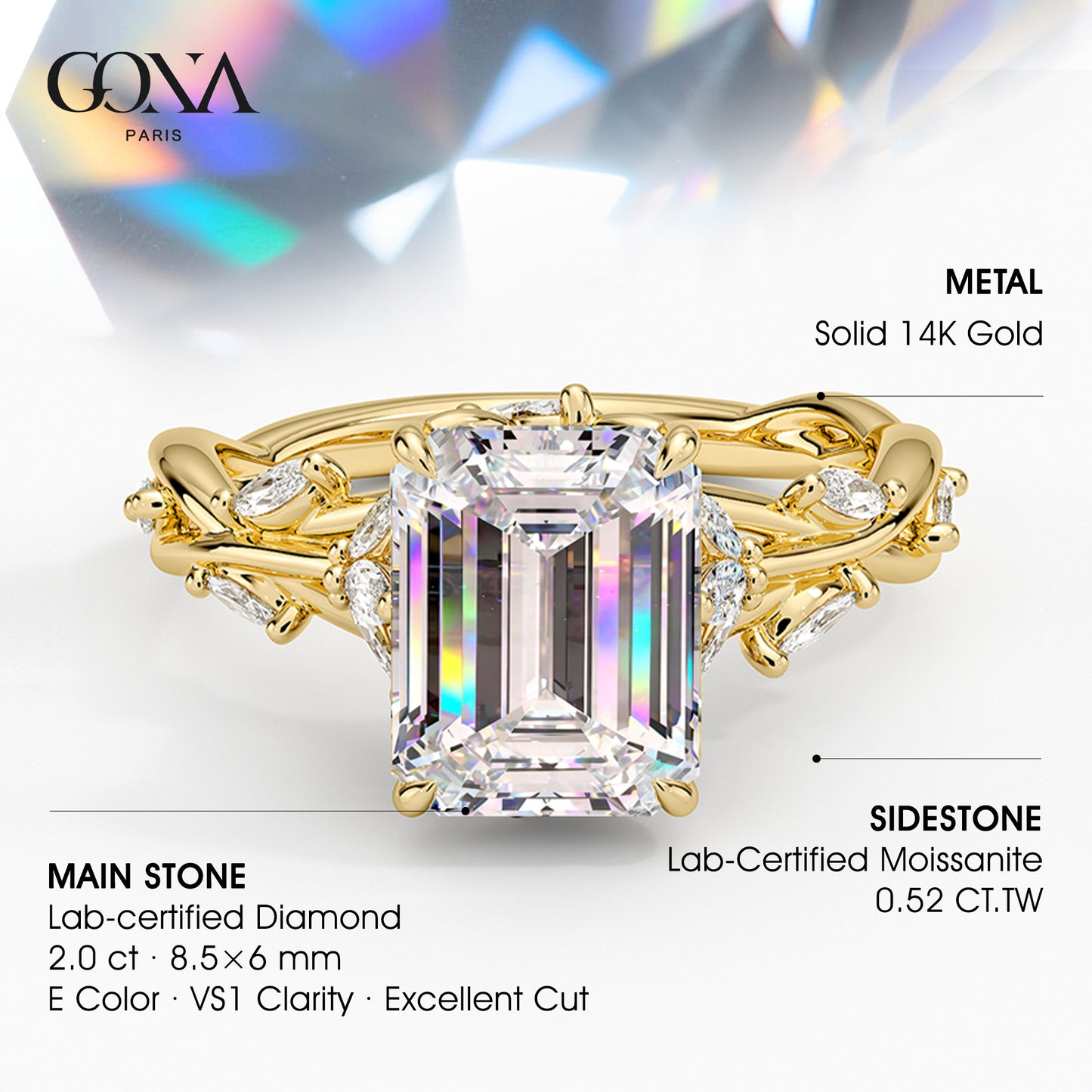 Secret Garden · 2.0 CT Emerald-Cut Lab-Grown Diamond Ring with Vine Leaf Accent Band & Claw Setting in Solid 14K Yellow Gold · (Includes IGI Certification from International Gemological Institute)