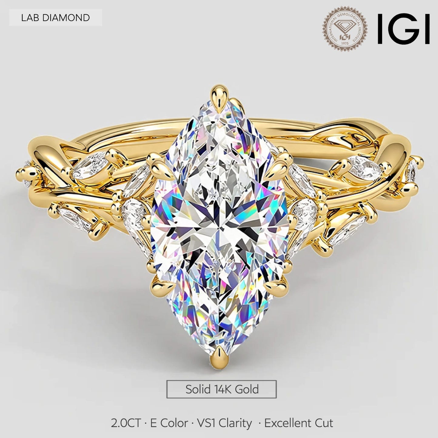 Secret Garden · 2.0 CT Marquise Lab-Grown Diamond Ring with Vine Leaf Accent Band & Claw Setting in Solid 14K Yellow Gold · (Includes IGI Certification from International Gemological Institute)