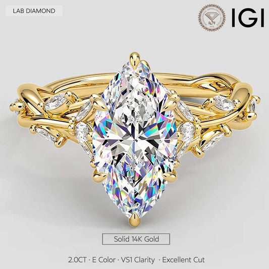 gona- Secret Garden · 2.0 CT Marquise Lab-Grown Diamond Ring with Vine Leaf Accent Band & Claw Setting in Solid 14K Yellow Gold · (Includes IGI Certification from International Gemological Institute)