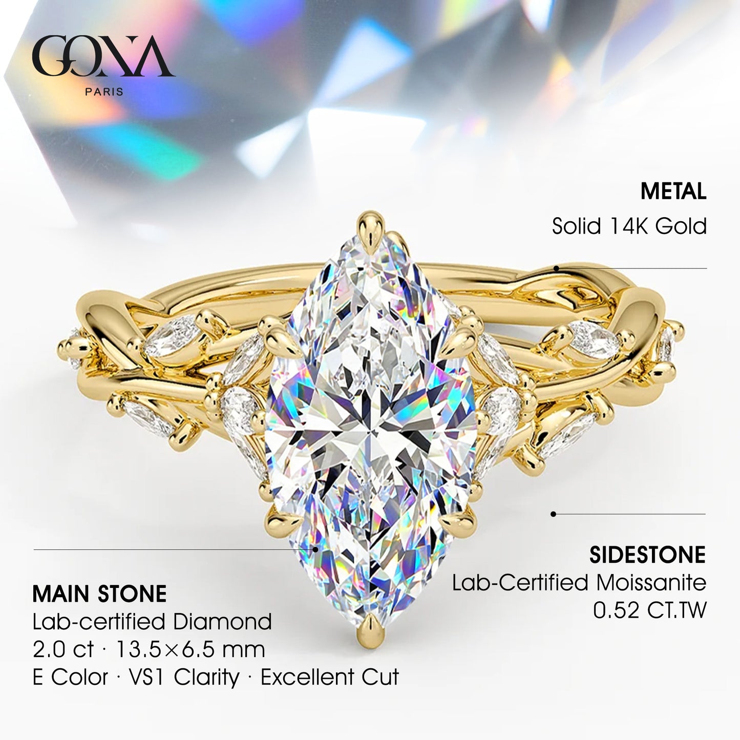 Secret Garden · 2.0 CT Marquise Lab-Grown Diamond Ring with Vine Leaf Accent Band & Claw Setting in Solid 14K Yellow Gold · (Includes IGI Certification from International Gemological Institute)