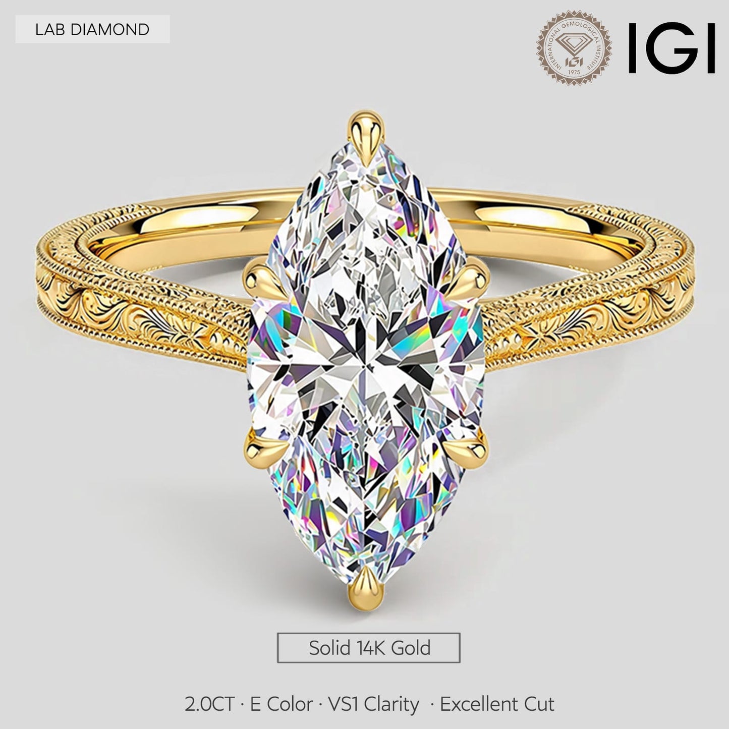 Royal Filigree · 2.0 CT Marquise Lab-Grown Diamond Engagement Ring with Engraved Milgrain Band in Solid 14K Yellow Gold · (Includes IGI Certification from International Gemological Institute)