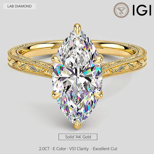 gona- Royal Filigree · 2.0 CT Marquise Lab-Grown Diamond Engagement Ring with Engraved Milgrain Band in Solid 14K Yellow Gold · (Includes IGI Certification from International Gemological Institute)
