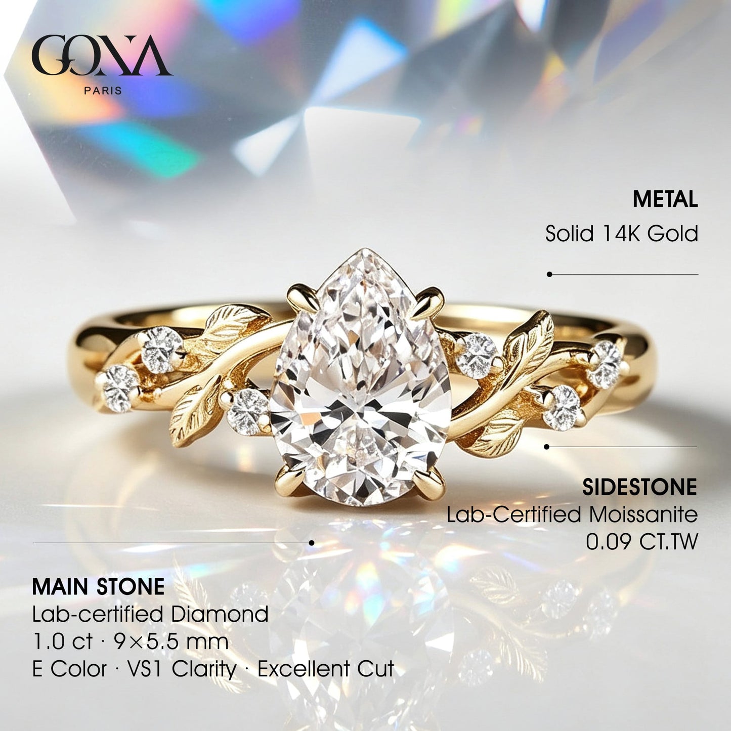 Enchanted Vine · 2.0 CT Pear Lab-Grown Diamond Engagement Ring with Leaf & Vine Accent Band in Solid 14K Yellow Gold · (Includes IGI Certification from International Gemological Institute)