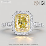 Sunlit Halo - 1.1 ct Radiant Cut Lab-Grown Fancy Vivid Yellow Diamond Ring with Diamond Halo In Tarnish-resistant Silver (Includes IGI Certification from International Gemological Institute)