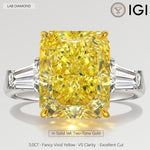 Golden Majesty 3.0CT Radiant Cut Lab-Grown Fancy Vivid Yellow Diamond Three-Stone Ring with 0.48CT.TW Diamond Side Stones In Solid 14K Yellow Gold with White Gold Plating (Includes IGI Certification from International Gemological Institute)