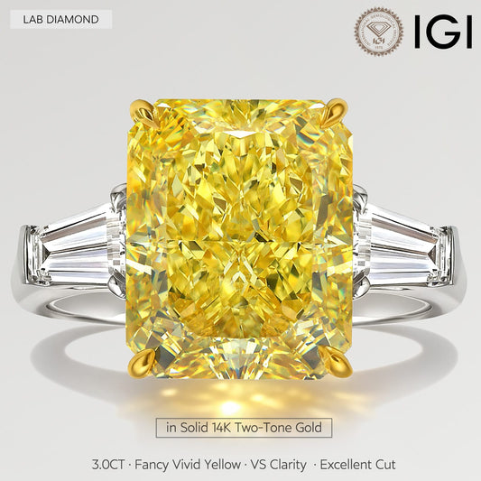 gona- Golden Majesty 3.0CT Radiant Cut Lab-Grown Fancy Vivid Yellow Diamond Three-Stone Ring with 0.48CT.TW Diamond Side Stones In Solid 14K Yellow Gold with White Gold Plating (Includes IGI Certification from International Gemological Institute)