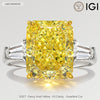 Golden Majesty - 3.0 ct Radiant Cut Lab-Grown Fancy Vivid Yellow Diamond Three-Stone Ring with 0.48CT.TW Tapered Baguette Diamond Side Stones In Tarnish-resistant Silver (Includes IGI Certification from International Gemological Institute)