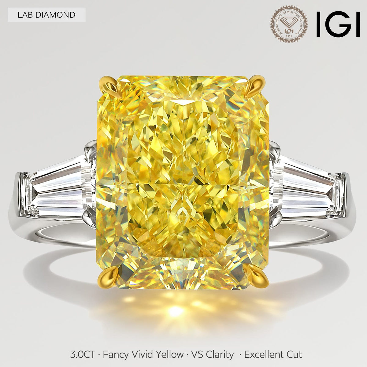 Golden Majesty - 3.0 ct Radiant Cut Lab-Grown Fancy Vivid Yellow Diamond Three-Stone Ring with 0.48CT.TW Tapered Baguette Diamond Side Stones In Tarnish-resistant Silver (Includes IGI Certification from International Gemological Institute)
