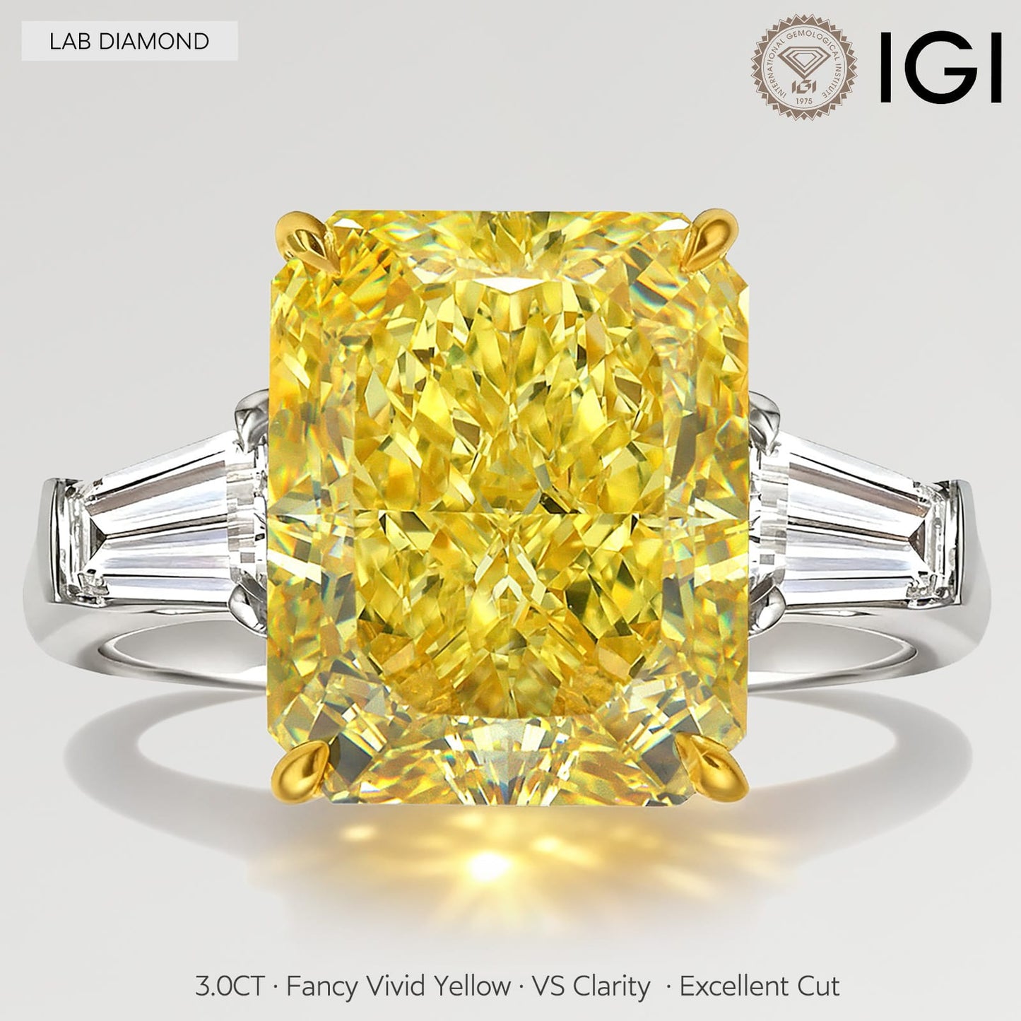 Golden Majesty - 3.0 ct Radiant Cut Lab-Grown Fancy Vivid Yellow Diamond Three-Stone Ring with 0.48CT.TW Tapered Baguette Diamond Side Stones In Tarnish-resistant Silver (Includes IGI Certification from International Gemological Institute)
