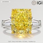 Golden Majesty - 3.0 ct Radiant Cut Lab-Grown Fancy Vivid Yellow Diamond Three-Stone Ring with 0.48CT.TW Tapered Baguette Diamond Side Stones In Tarnish-resistant Silver (Includes IGI Certification from International Gemological Institute)