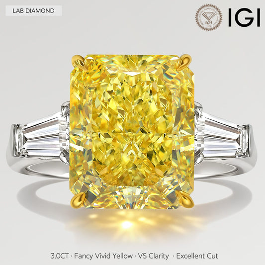 gona- Golden Majesty - 3.0 ct Radiant Cut Lab-Grown Fancy Vivid Yellow Diamond Three-Stone Ring with 0.48CT.TW Tapered Baguette Diamond Side Stones In Tarnish-resistant Silver (Includes IGI Certification from International Gemological Institute)