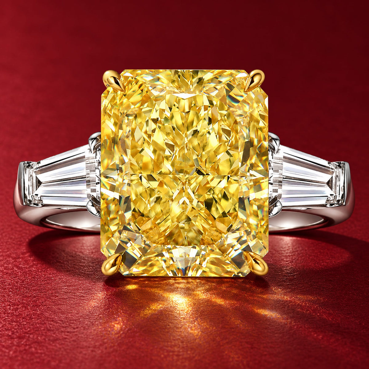 Golden Majesty 3.0CT Radiant Cut Lab-Grown Fancy Vivid Yellow Diamond Three-Stone Ring with 0.48CT.TW Diamond Side Stones In Solid 14K Yellow Gold with White Gold Plating (Includes IGI Certification from International Gemological Institute)