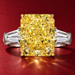 Golden Majesty 3.0CT Radiant Cut Lab-Grown Fancy Vivid Yellow Diamond Three-Stone Ring with 0.48CT.TW Diamond Side Stones In Solid 14K Yellow Gold with White Gold Plating (Includes IGI Certification from International Gemological Institute)