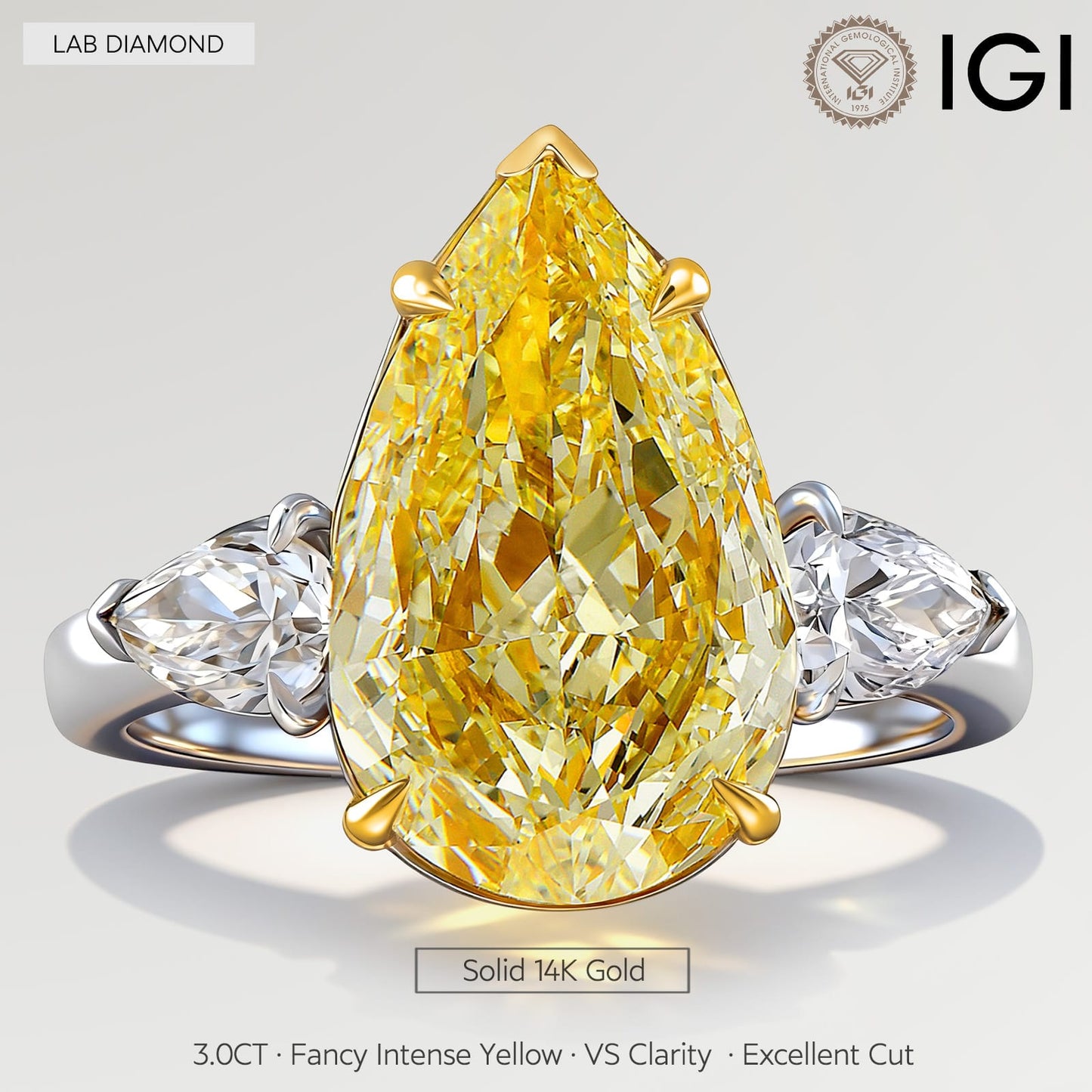 Sunlit Pear Trilogy - 3.0 ct Pear Brilliant Cut Lab-Grown Fancy Intense Yellow Diamond Three-Stone Ring with Pear Diamond Side Stones 14K Yellow Gold with White Gold Plating (Includes IGI Certification from International Gemological Institute)