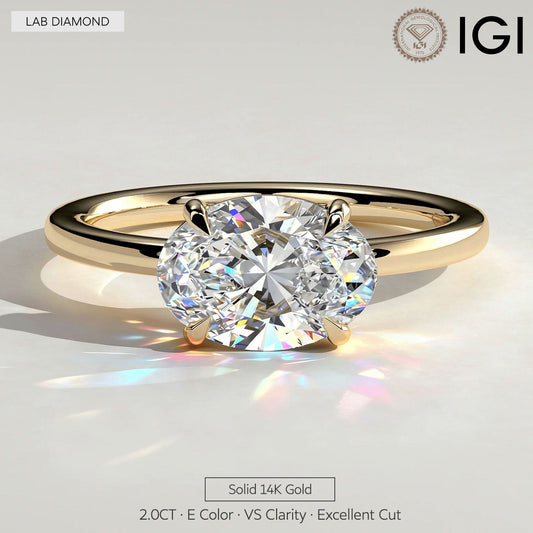 gona- 2ct Oval Lab-Grown Diamond East-West Claw Solitaire with Raised Basket Gallery Engagement Ring in Solid 14K Yellow Gold (Includes IGI Certification from International Gemological Institute)