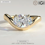 2ct Oval Lab-Grown Diamond East-West Claw Solitaire with Wave Band Engagement Ring in Solid 14K Yellow Gold (Includes IGI Certification from International Gemological Institute)