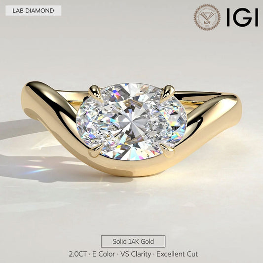 gona- 2ct Oval Lab-Grown Diamond East-West Claw Solitaire with Wave Band Engagement Ring in Solid 14K Yellow Gold (Includes IGI Certification from International Gemological Institute)