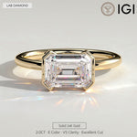 2ct Emerald-Cut Lab-Grown Diamond East-West Half Bezel Solitaire Engagement Ring in Solid 14K Yellow Gold (Includes IGI Certification from International Gemological Institute)