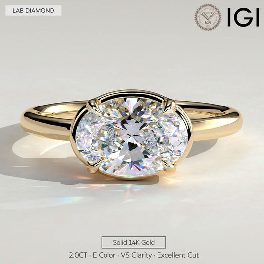 gona- 2ct Oval Lab-Grown Diamond East-West Claw Solitaire with Bezel Frame Engagement Ring in Solid 14K Yellow Gold (Includes IGI Certification from International Gemological Institute)