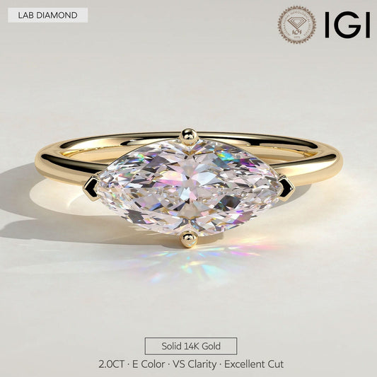 gona- 2ct Marquise Lab-Grown Diamond East-West Claw Solitaire with Raised Basket Gallery Engagement Ring in Solid 14K Yellow Gold (Includes IGI Certification from International Gemological Institute)