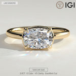 2ct Elongated Cushion Lab-Grown Diamond East-West Claw Solitaire with Bezel Frame Engagement Ring in Solid 14K Yellow Gold (Includes IGI Certification from International Gemological Institute)