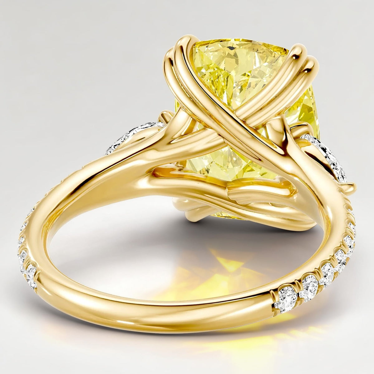 3.01 Ct Elongated Cushion Cut Lab-Grown Fancy Vivid Yellow Diamond Engagement Ring With Pear Side Stones In Solid 14K Yellow Gold (Includes IGI Certification From International Gemological Institute)