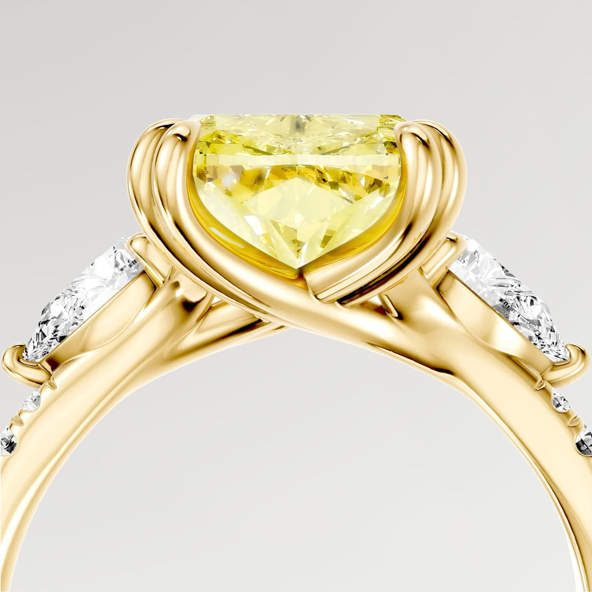 3.01 Ct Elongated Cushion Cut Lab-Grown Fancy Vivid Yellow Diamond Engagement Ring With Pear Side Stones In Solid 14K Yellow Gold (Includes IGI Certification From International Gemological Institute)