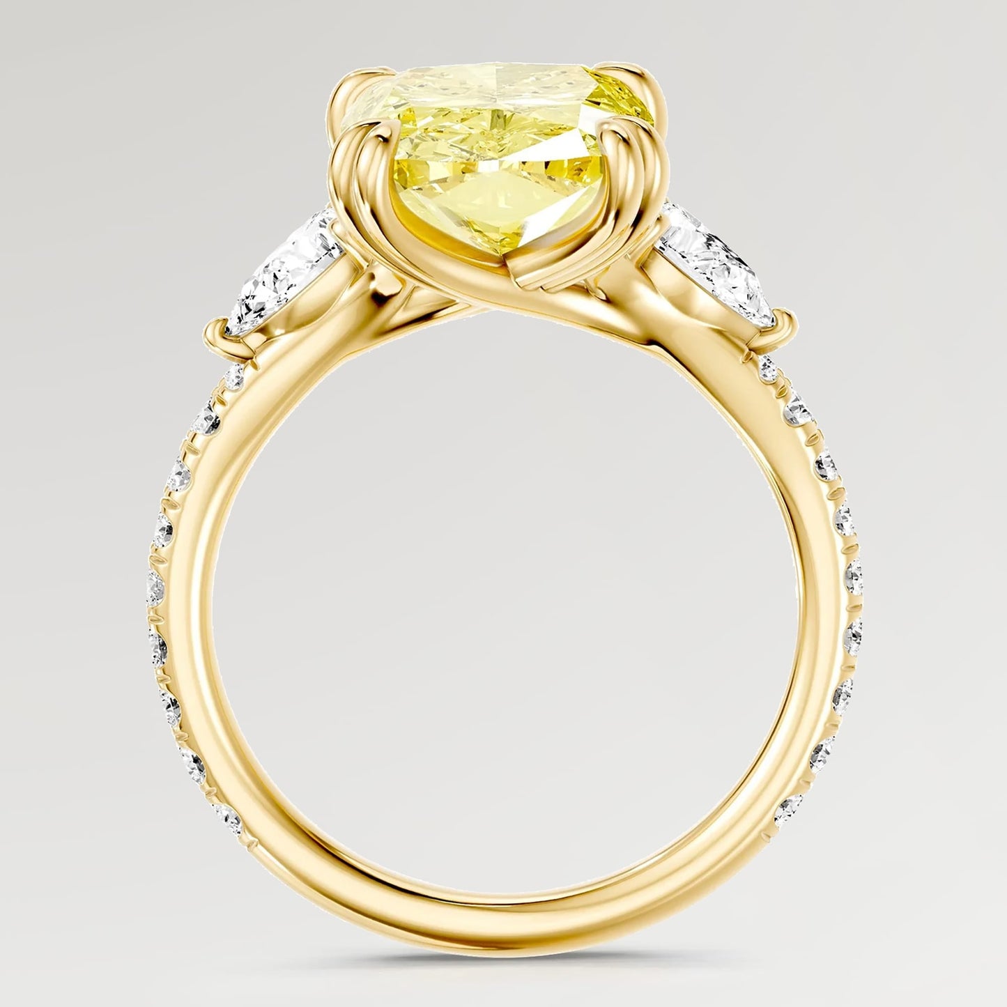 3.01 Ct Elongated Cushion Cut Lab-Grown Fancy Vivid Yellow Diamond Engagement Ring With Pear Side Stones In Solid 14K Yellow Gold (Includes IGI Certification From International Gemological Institute)