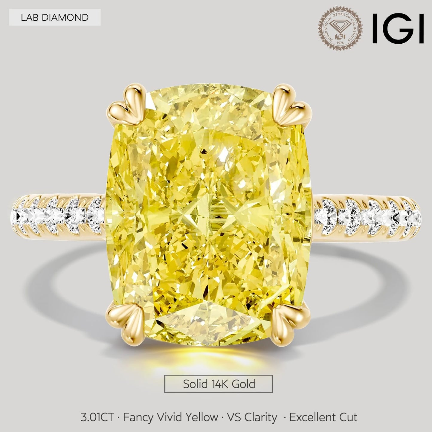 3.01 Ct Elongated Cushion Cut Lab-Grown Fancy Vivid Yellow Diamond Engagement Ring With Hidden Halo In Solid 14K Yellow Gold (Includes IGI Certification From International Gemological Institute)