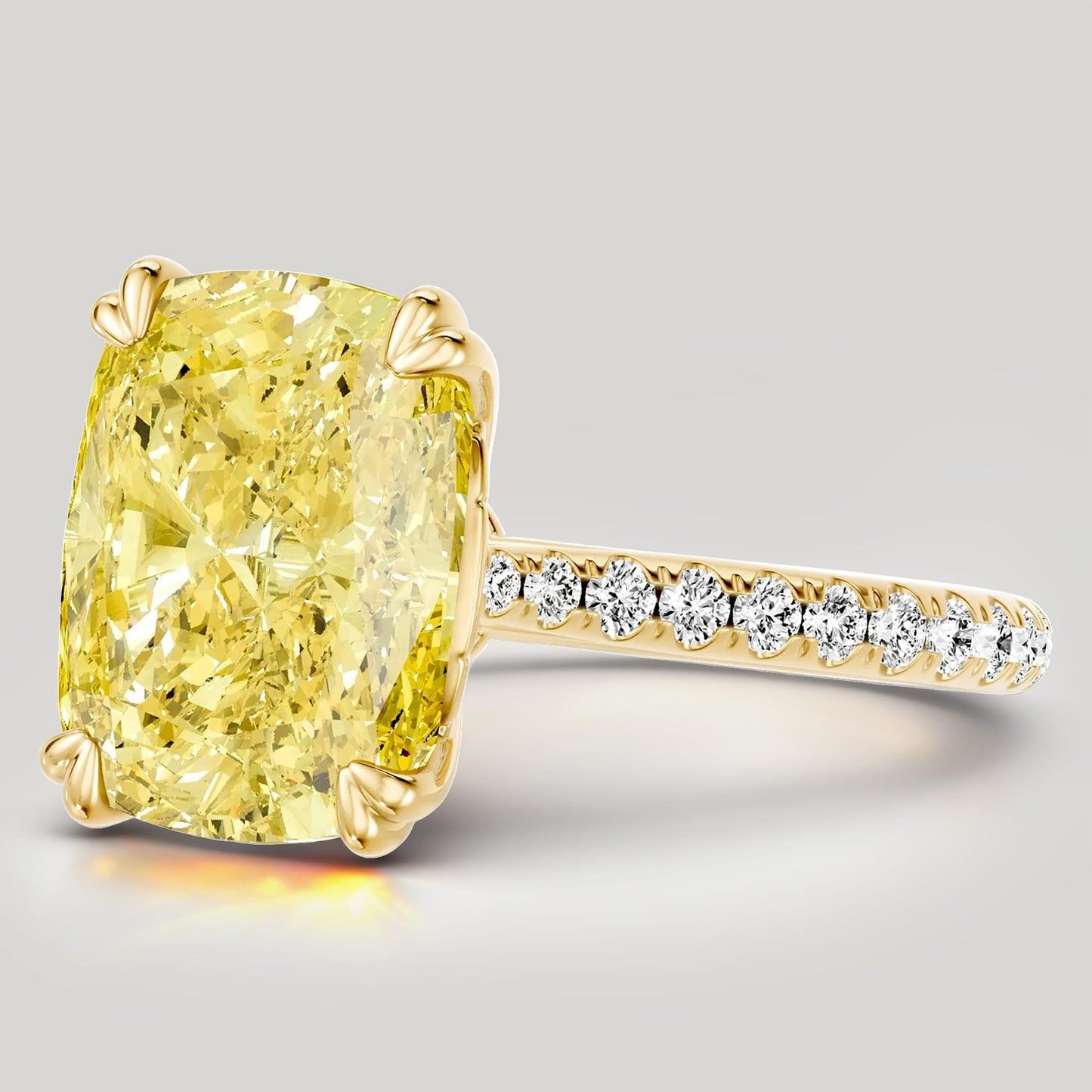 3.01 Ct Elongated Cushion Cut Lab-Grown Fancy Vivid Yellow Diamond Engagement Ring With Hidden Halo In Tarnish-Resistant Silver (Includes IGI Certification From International Gemological Institute)