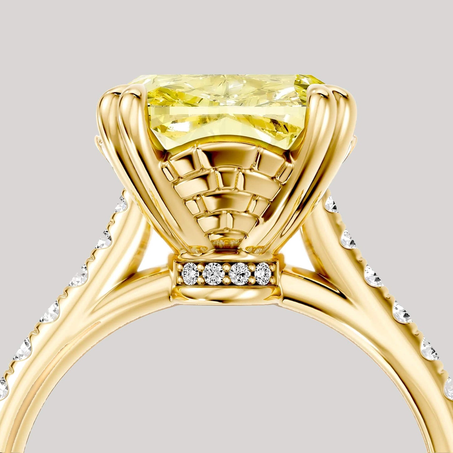 3.01 Ct Elongated Cushion Cut Lab-Grown Fancy Vivid Yellow Diamond Engagement Ring With Hidden Halo In Tarnish-Resistant Silver (Includes IGI Certification From International Gemological Institute)