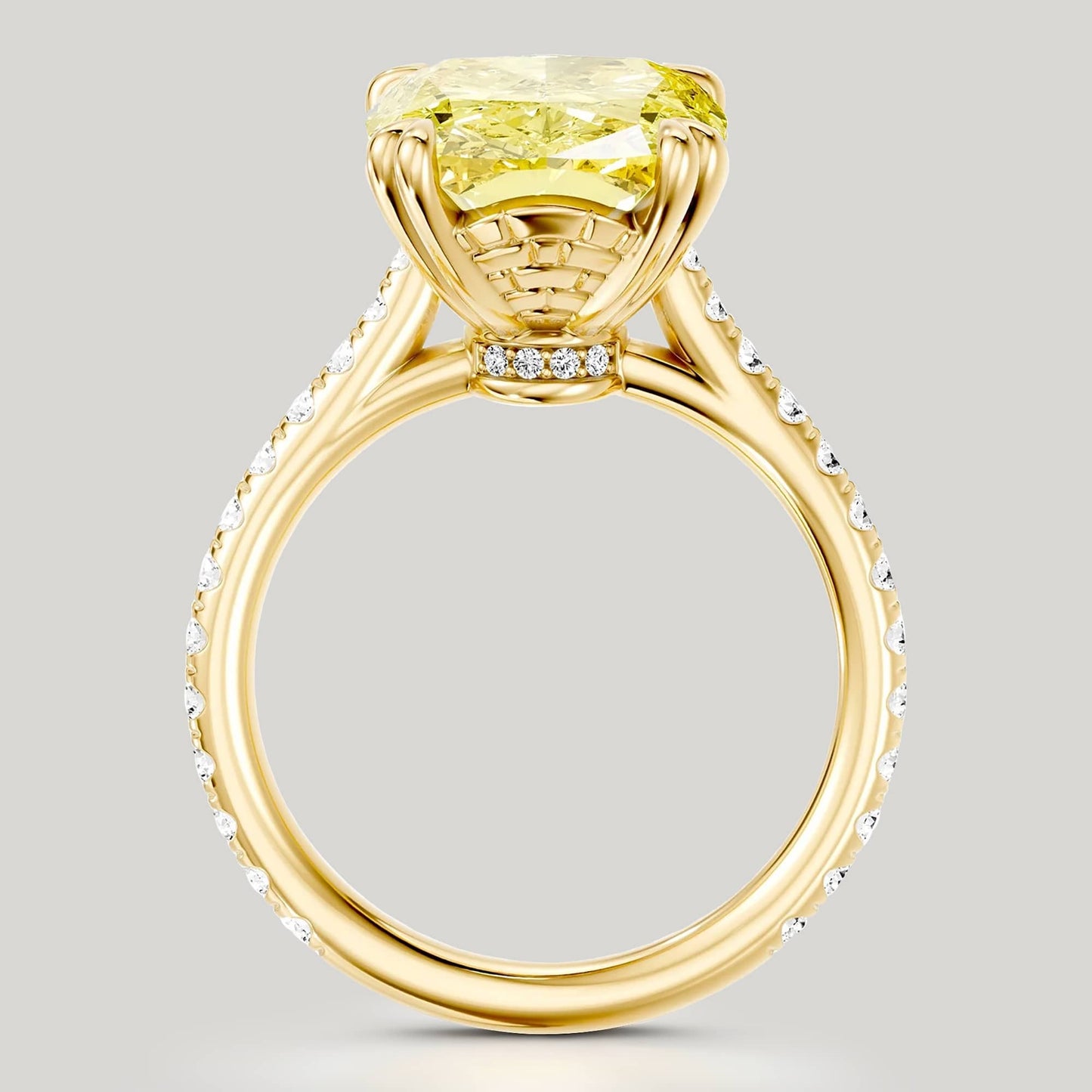 3.01 Ct Elongated Cushion Cut Lab-Grown Fancy Vivid Yellow Diamond Engagement Ring With Hidden Halo In Tarnish-Resistant Silver (Includes IGI Certification From International Gemological Institute)