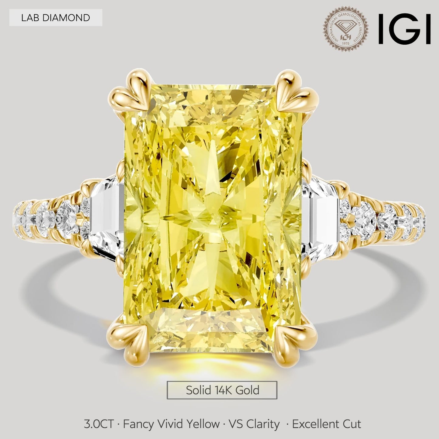 3.01 Ct Elongated Cushion Cut Lab-Grown Fancy Vivid Yellow Diamond Engagement Ring With Pear Side Stones In Solid 14K Yellow Gold (Includes IGI Certification From International Gemological Institute)