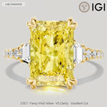 3.0 Ct Radiant Cut Lab-Grown Fancy Vivid Yellow Diamond Engagement Ring With Trapezoid Side Stones In Tarnish-Resistant Silver (Includes IGI Certification From International Gemological Institute)