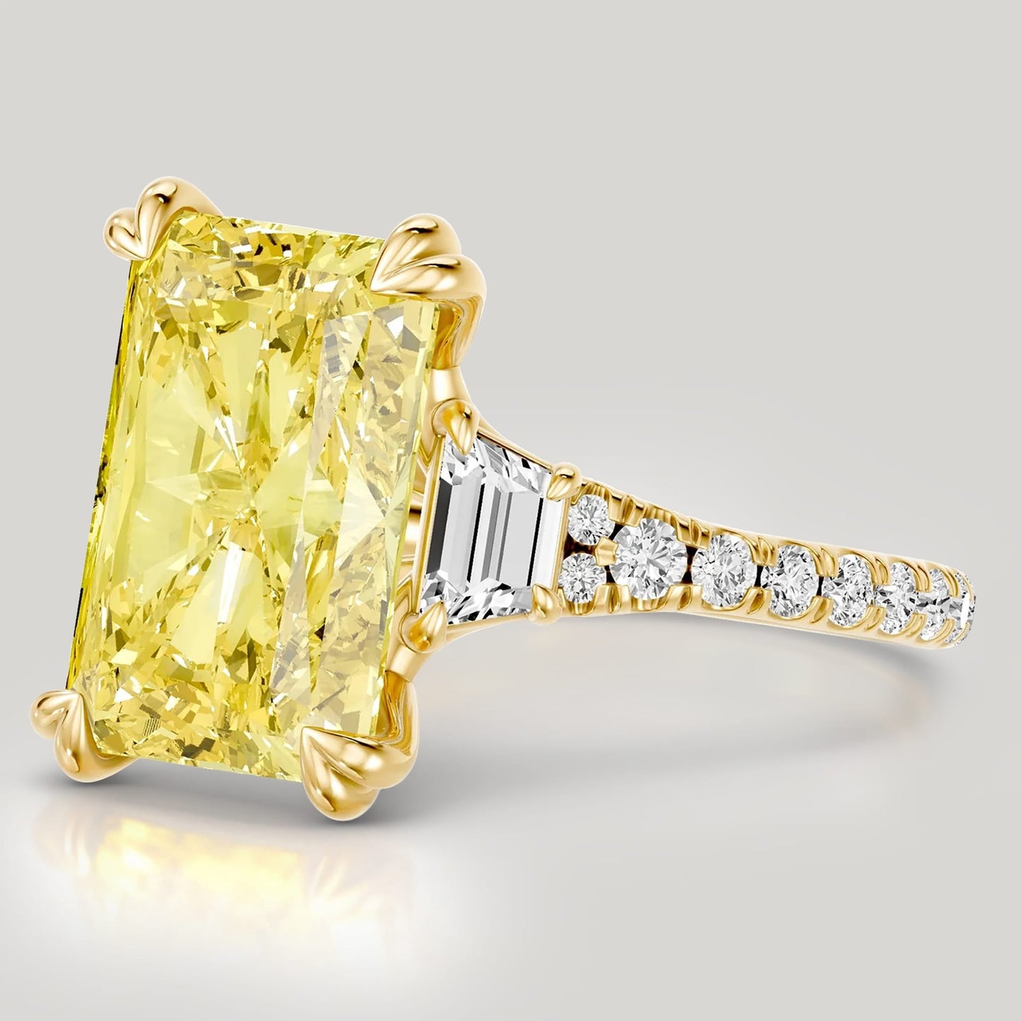 3.0 Ct Radiant Cut Lab-Grown Fancy Vivid Yellow Diamond Engagement Ring With Trapezoid Side Stones In Solid 14K Yellow Gold (Includes IGI Certification From International Gemological Institute)