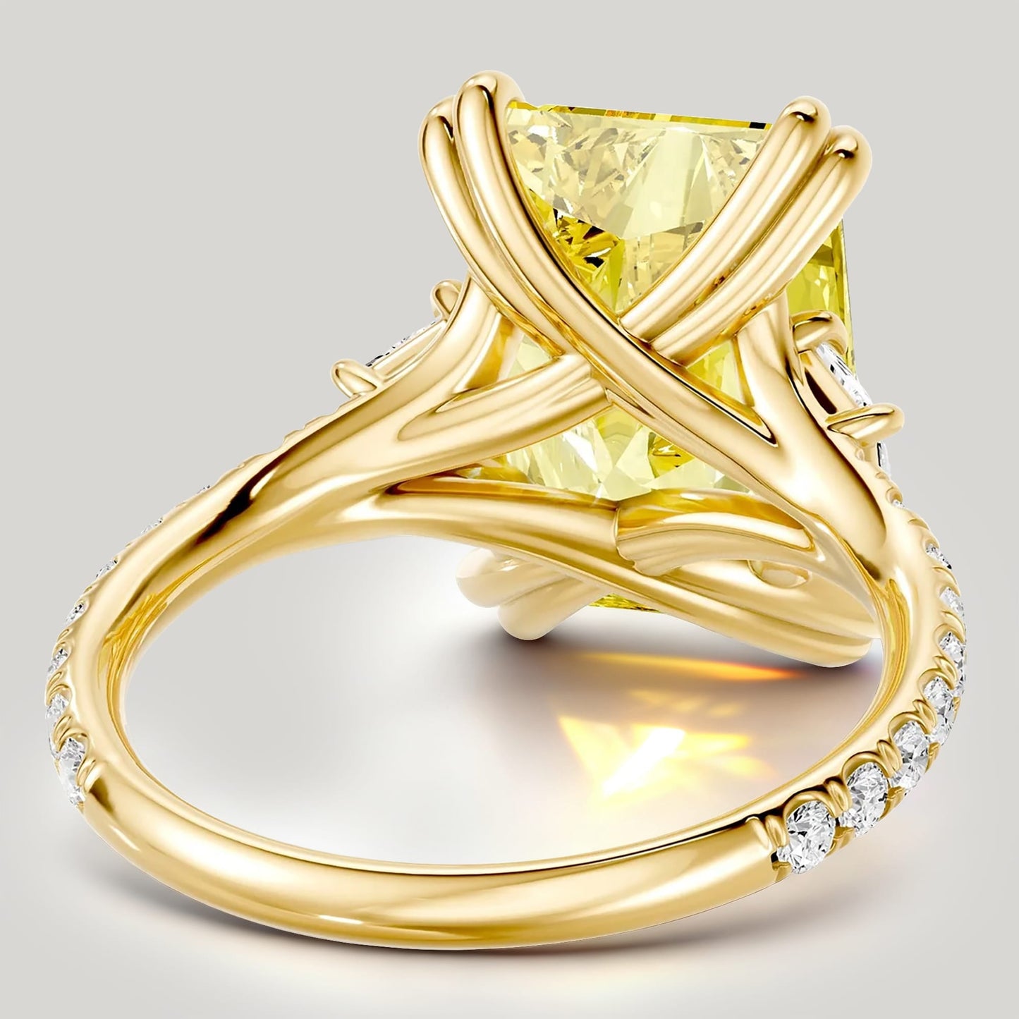 3.0 Ct Radiant Cut Lab-Grown Fancy Vivid Yellow Diamond Engagement Ring With Trapezoid Side Stones In Solid 14K Yellow Gold (Includes IGI Certification From International Gemological Institute)
