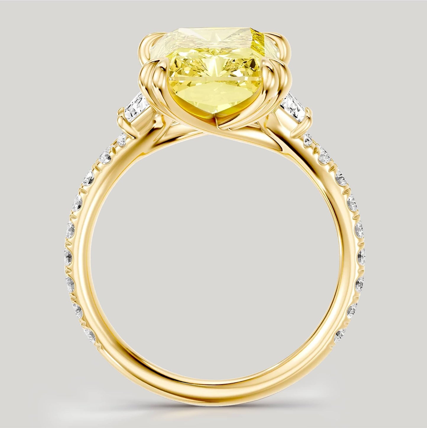 3.0 Ct Radiant Cut Lab-Grown Fancy Vivid Yellow Diamond Engagement Ring With Trapezoid Side Stones In Solid 14K Yellow Gold (Includes IGI Certification From International Gemological Institute)