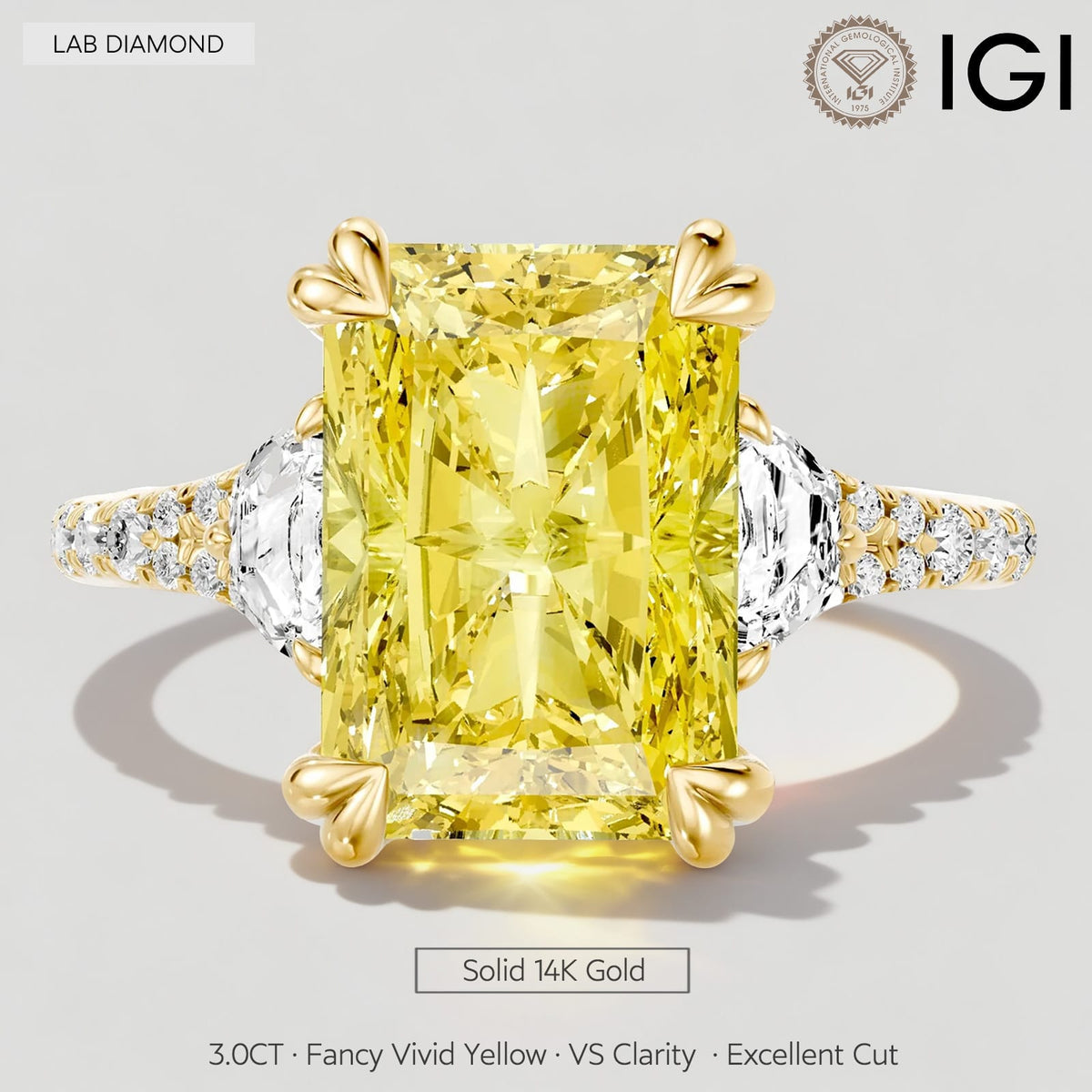 3.0 Ct Radiant Cut Lab-Grown Fancy Vivid Yellow Diamond Engagement Ring With Half Moon Side Stones In Solid 14K Yellow Gold (Includes IGI Certification From International Gemological Institute)