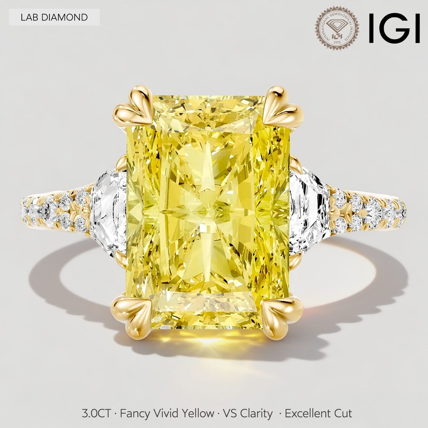 3.0 Ct Radiant Cut Lab-Grown Fancy Vivid Yellow Diamond Engagement Ring With Half Moon Side Stones In Tarnish-Resistant Silver (Includes IGI Certification From International Gemological Institute)