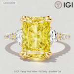 3.0 Ct Radiant Cut Lab-Grown Fancy Vivid Yellow Diamond Engagement Ring With Half Moon Side Stones In Tarnish-Resistant Silver (Includes IGI Certification From International Gemological Institute)